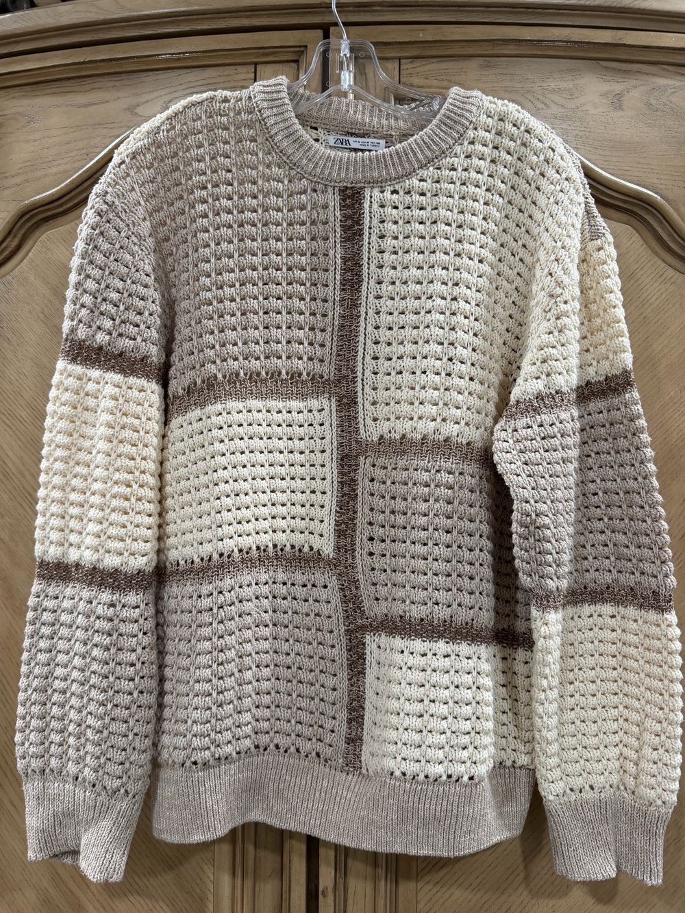 ZARA Men Two-Tone Cream & Tan Patchwork Crewneck Sweater SIZE MEDIUM